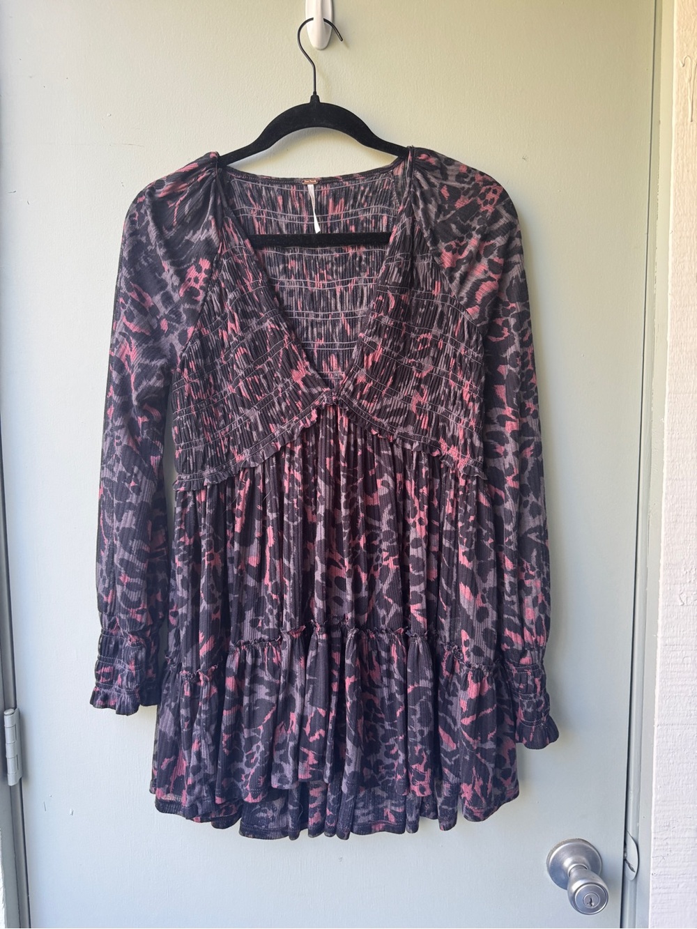 Free People Pink and Black Printed Smocked Tunic Top